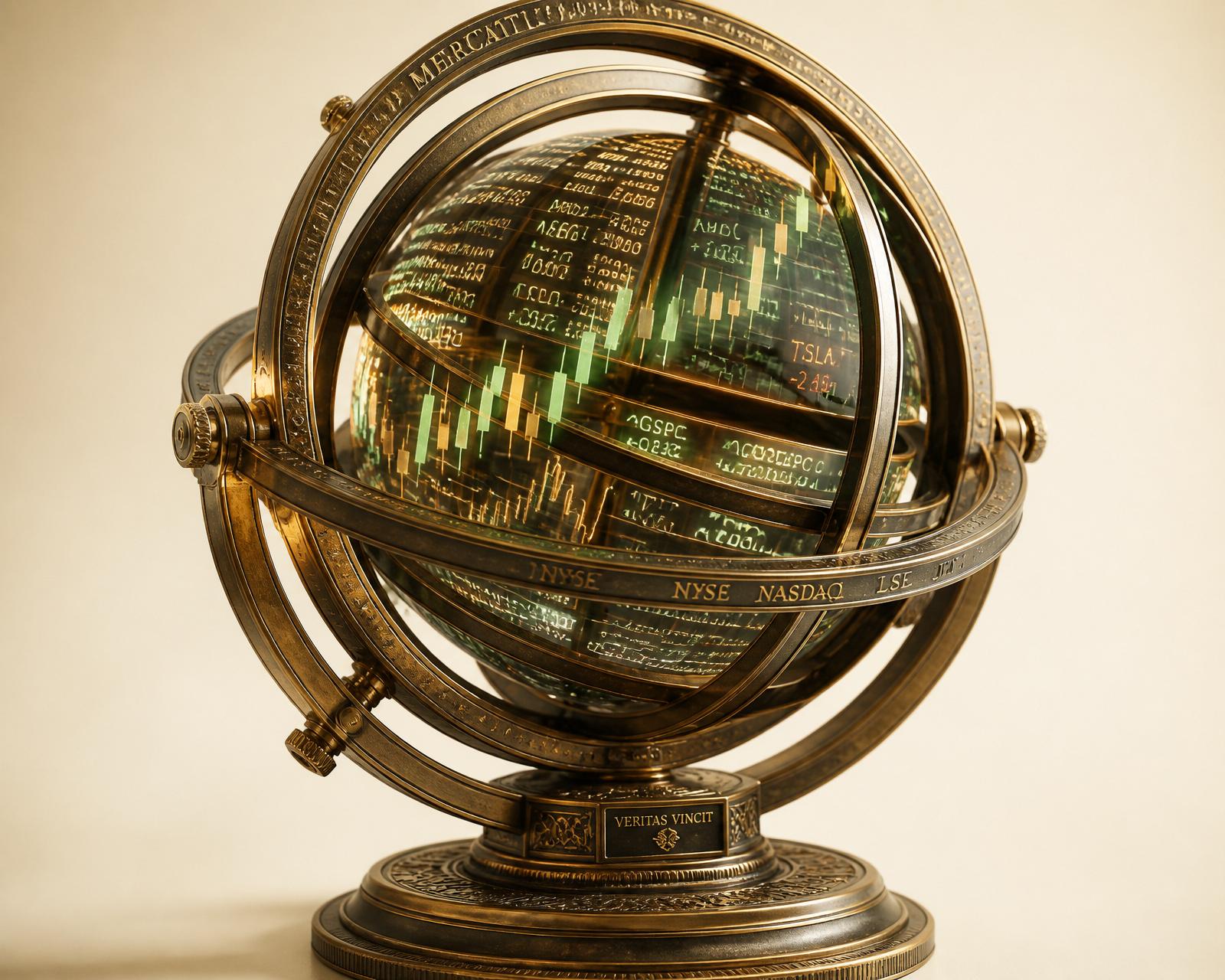 Astronomical armillary sphere rendering a live market